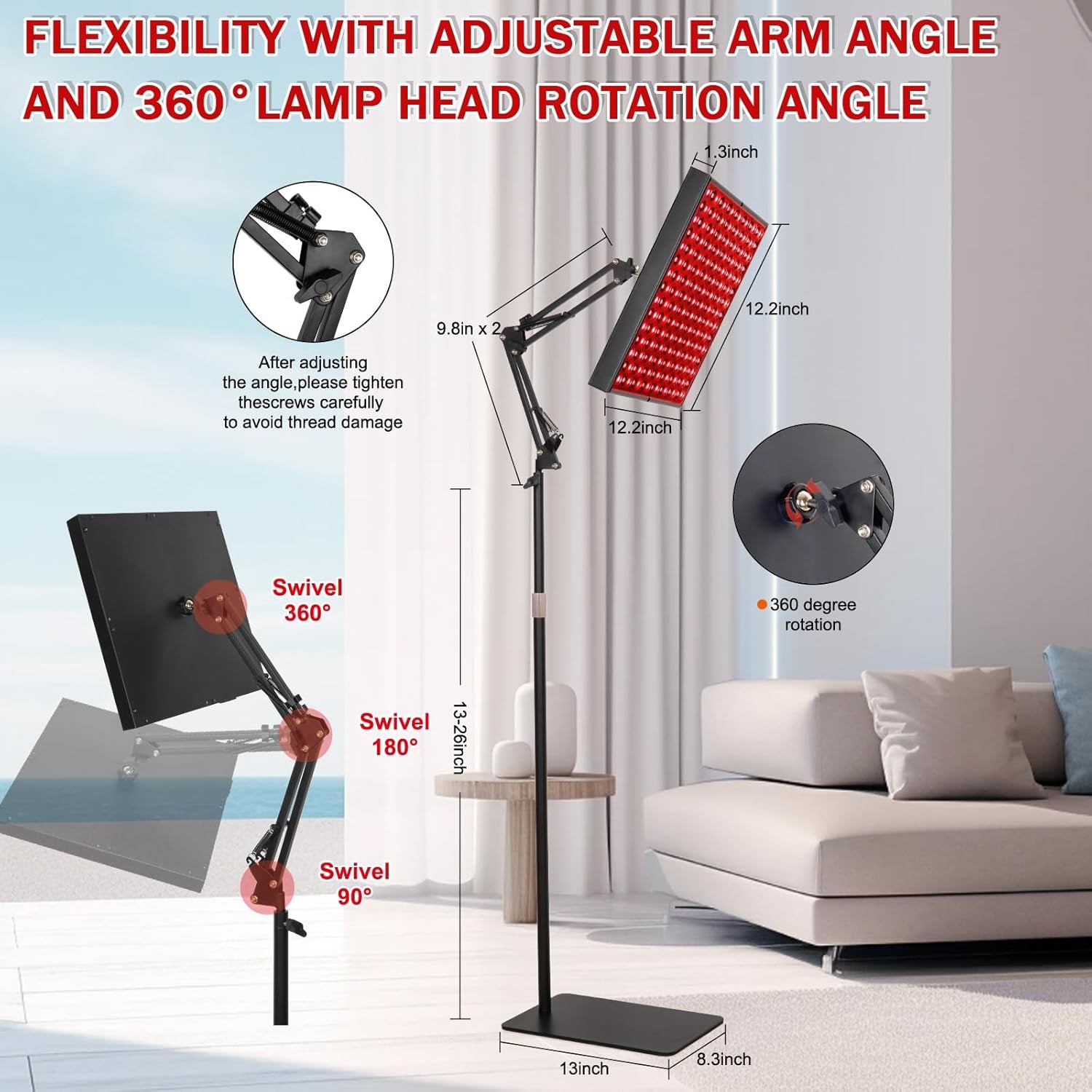 12 Squard Red Light Therapy for Face and Body, Adjustable Height Stand, 660Nm Red Light Therapy & 850Nm Infrared Light Therapy Device, Skin